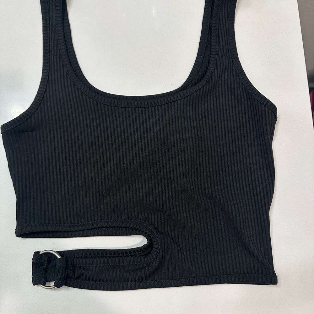 Black Ribbed Crop Top with Belt Detail